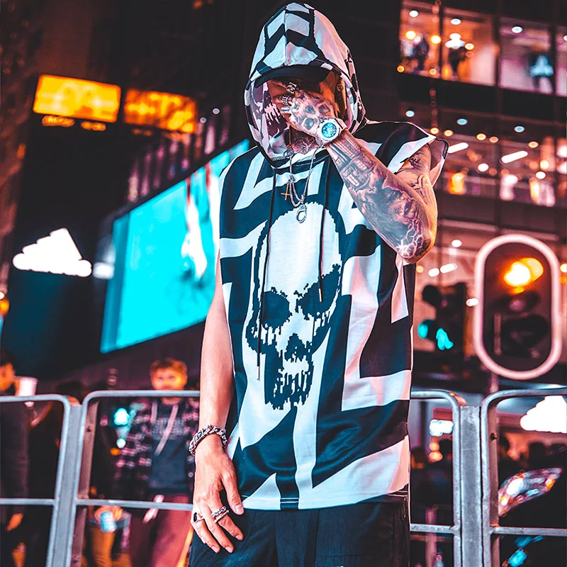 Tank Tops Men Summer Hip Hop Hooded Sleeveless Skull Print Color Block Punk Style Vest Casual Streetwear Male Tees