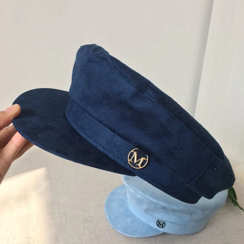 M из искусственного меха темно-синяя кепка из искусственной замши; плоская шляпа, бейсболка для девочки в стиле «Джокер» в Корейском стиле; Милая женская голубая шапка головной убор моряка