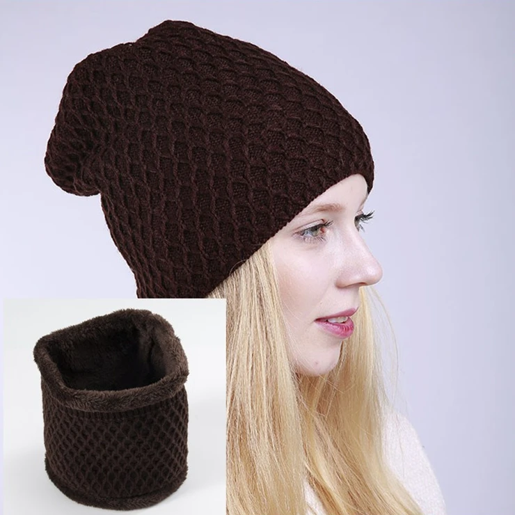 brown one set OMEA зимняя женская шапка и Мужская бархатная шапка-ушанка с геометрическим рисунком, зимний снуд и шапка, один комплект шапочки для женщин, королевский синий красный - Цвет: brown one set