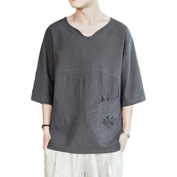 

Chinese Style Mens Cotton Linen T Shirts Summer New Men T Shirt Embroidered Clothes Half Sleeve Tops Male Fahion Costume