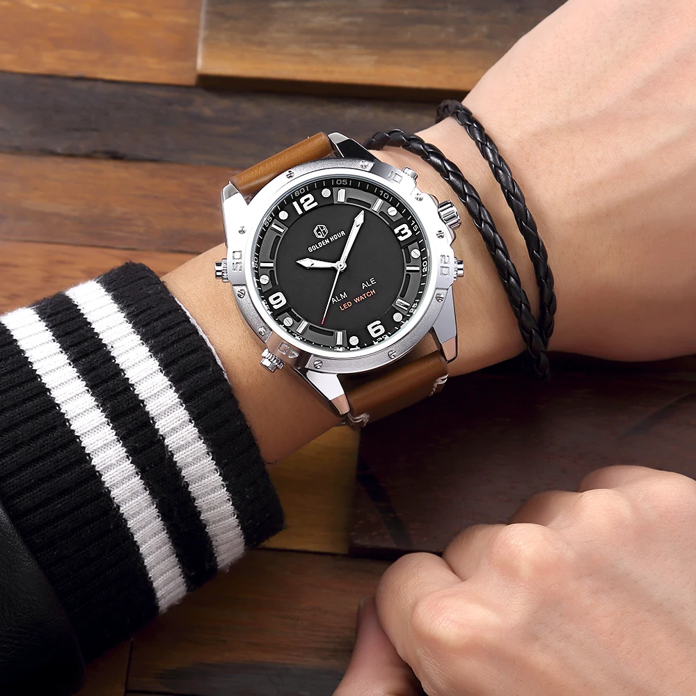 GOLDENHOUR Luxury Fashion Sport Men Watches Army Military Mens Watch Leather Waterproof Wristwatch Male Clock Relogio Masculino 5