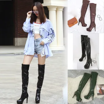 

Tide Women Winter Boots Nice Fashion Snakeskin Print Shoe Patent Leather Round-Toe Fine Heel Long Boots Chaussures Femme
