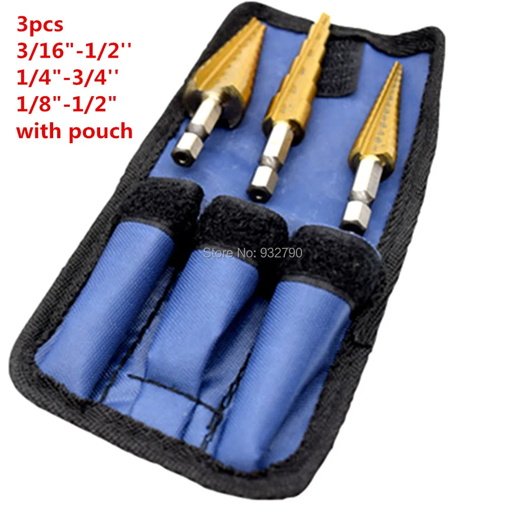 

3pcs Sae Titanium Coated Step Drill Bit Metal Cutting Tools Smoother Drill Bit Set 3/16"-1/2" 1/4"-3/4" 1/8"-1/2" With Case Bag