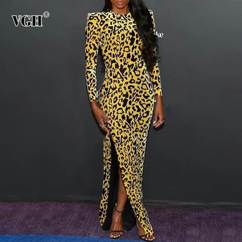 

VGH Vintage Leopard Women's Dress Turtleneck Long Sleeve High Waist Hit Color Pencil Dresses Female Fashion Summer New 2020
