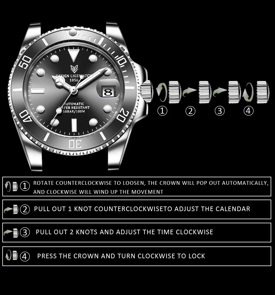 2023 ליגע שעון גברים אוטומטי מכאני Tourbillon שעון אופנה צבאי שעונים גברים נירוסטה 100ATM עמיד למים שעונים