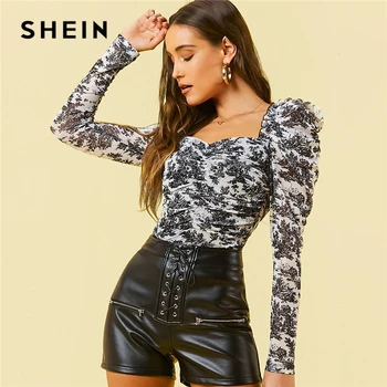 

SHEIN Gigot Sleeve Ruched Floral Mesh Top Women Spring Frilled Sweetheart Neck Slim Fitted Elegant Tops and Blouses
