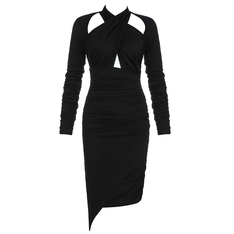 Gosexy Мода Холтер крест выдалбливают Bodycon с длинным рукавом асимметричный подол миди платье осень Новое Сексуальное Женское Платье - Цвет: Черный