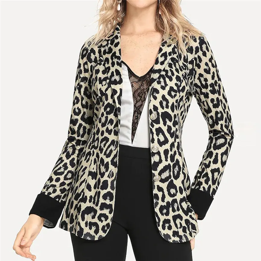 

Slim Cool Lady Jackets Women Fashion Coat Long Sleeve Leopard Print Notched Neck Casual Outwear Vintage Autumn Bomber Femme A9