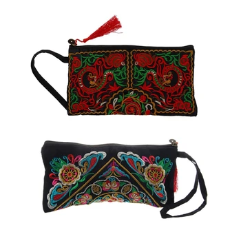 

2pcs New Women Wallet Embroider Purse Clutch Mobile Phone Bag Coin Bag-Galsang Flower & Double Dragons