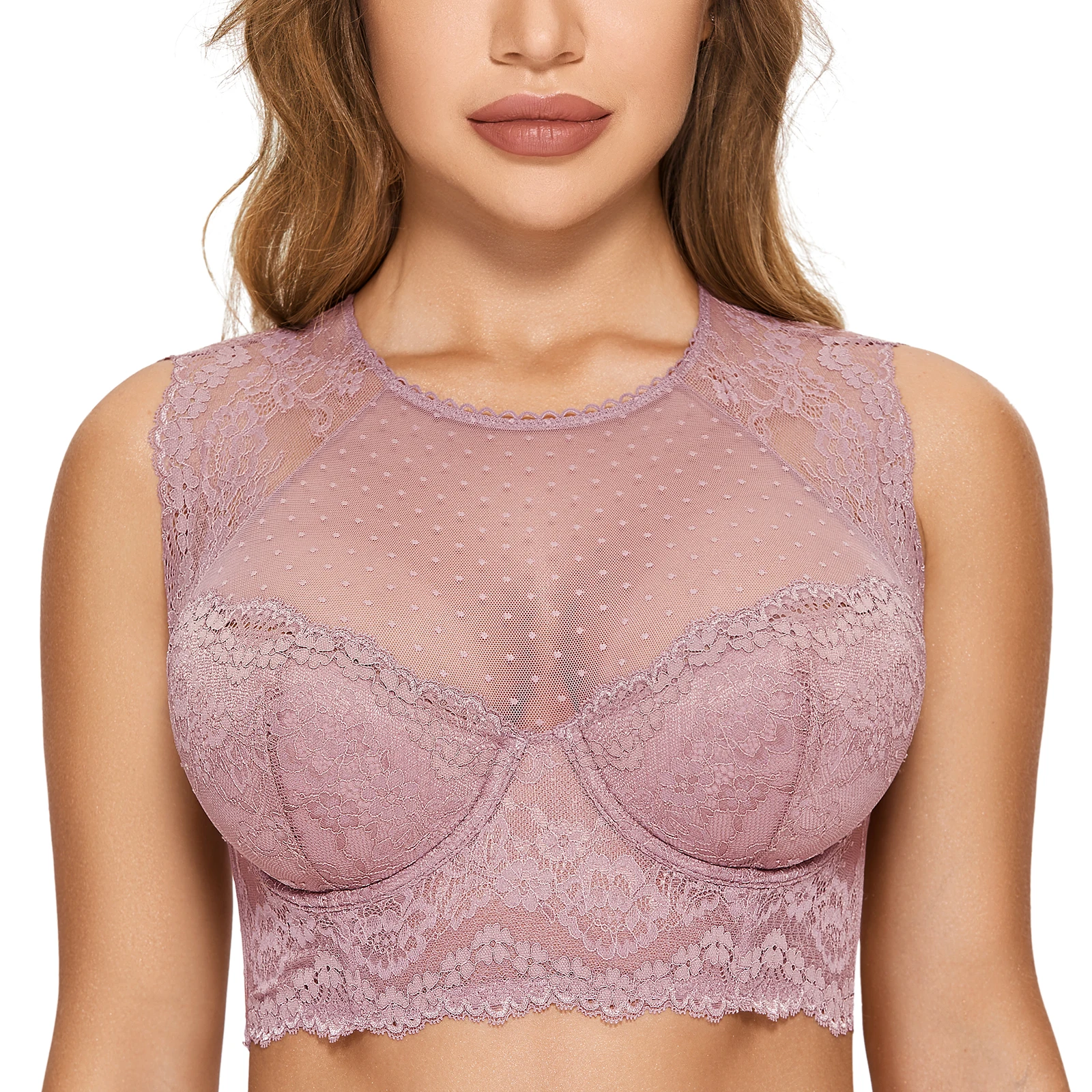 DOBREVA Women's Sexy Sheer Lace Bralette Crop Top Bra High Neck Underwire  Plus Size Padded Bustier