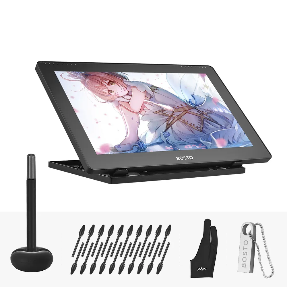 BOSTO 16HD 15,6 дюймов ips графический Рисунок цифровые планшеты дисплей монитор 8192 уровень давления с перезаряжаемой стилус