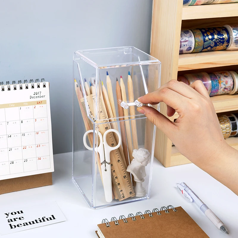 

Multi-function Transparent Large Capacity Pen Holder Student Desktop Storage Box Makeup Box Pen Holder School Office Stationery