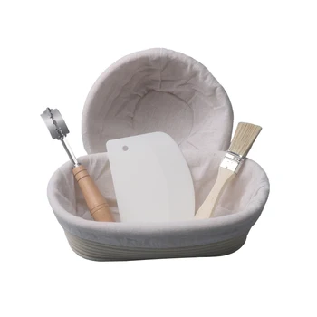 

SHENHONG 5PCS Banneton Fermentation Proofing Rattan Basket Dough Bread with Arc Curved Knife Scraper Brush Danish Whisk Linen