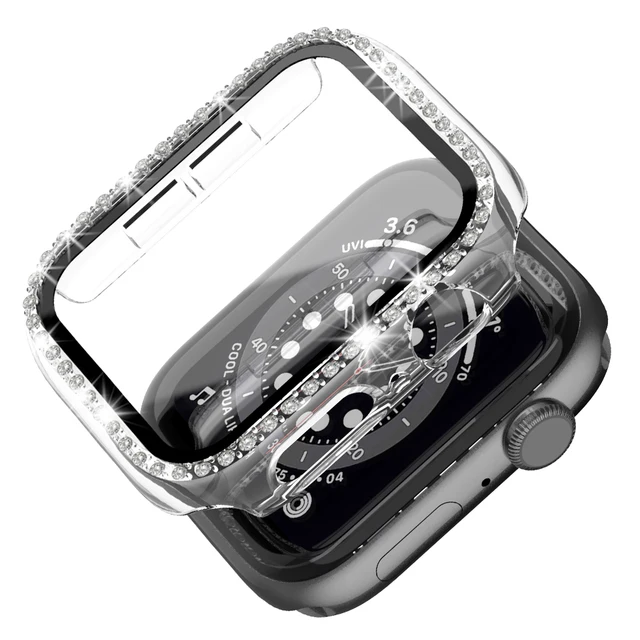 Case+Glass for Apple Watch 45mm 41mm 44mm 40mm 42mm 38mm, Full Cover Bling Crystal Rhinestone Protective Bumper for iWatch7 6 5 Clear