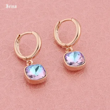 High Quality Fashion Trendy Colorful Square Crystal 8*8mm Drop Earrings 585 Rose Gold Color Earrings For Women Wedding Party