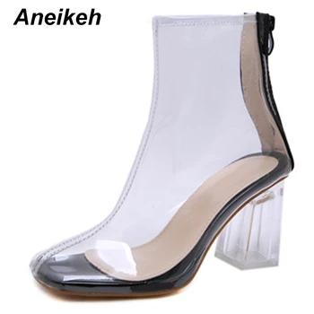

Aneikeh 2019 Concise PVC Women Boots Clear Ankle Transparent Square High Heel Shoes Zip Sexy Sandals Boots Light Yellow Size 3-9
