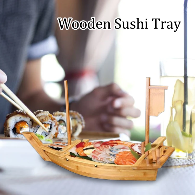 

Wooden Sushi Boat Plate Serving Tray Japan Sashimi Sushi Plate With Fishing Net Tray For Restaurant Or Home Use