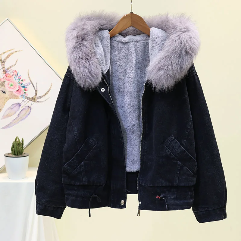 winter fox fur hooded faux fur lining denim jacket women coat casual modish Korean warm thicken black jeans jackets coats