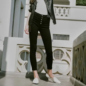 

Women's Velvet Stretch High Waist Pants Skinny Ladies Wild Stylish Jeans Female Trousers With Buttons Autumn Winter