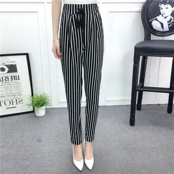 

Striped Pants Women Elastic High Waist Trousers Office Lady work wear Print Carrot Pants Female Pencil harem Pants Trousers N