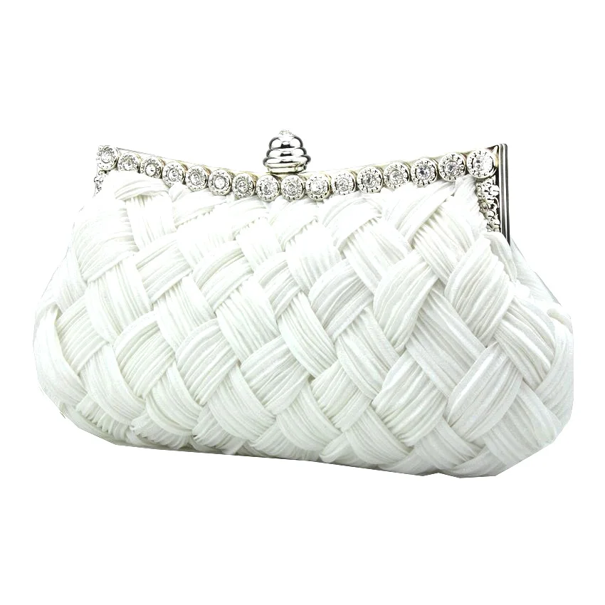 Luxy Moon White Rhinestone Braided Soft Clutch Bag Side View