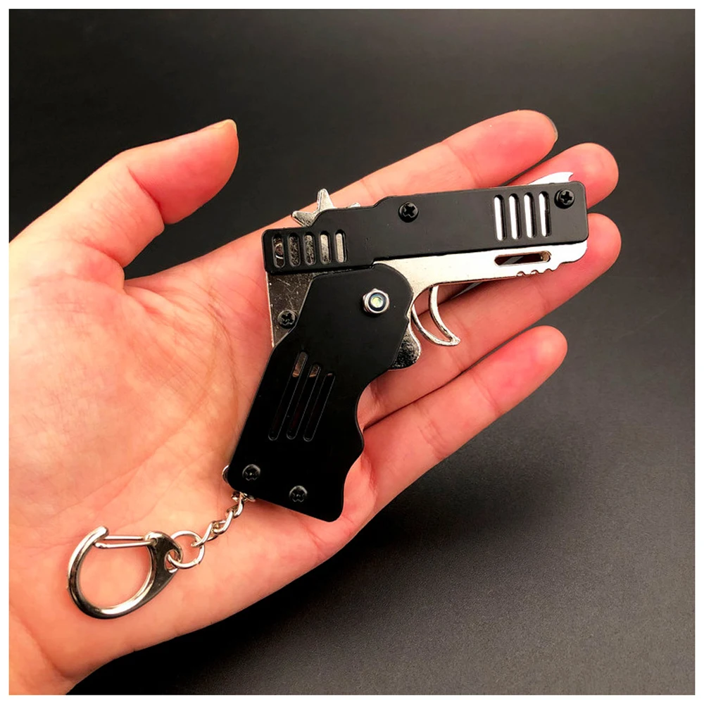 Rubber Band Gun Mini Metal Folding 6-Shot  with Keychain and Rubber Band 100+ 