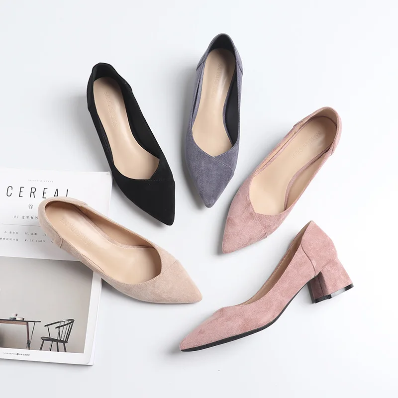 

pointed toe patchwork med-high heels shoes woman suede leather shallow mouth wedding shoes woman concise pumps OL mules shoes 34