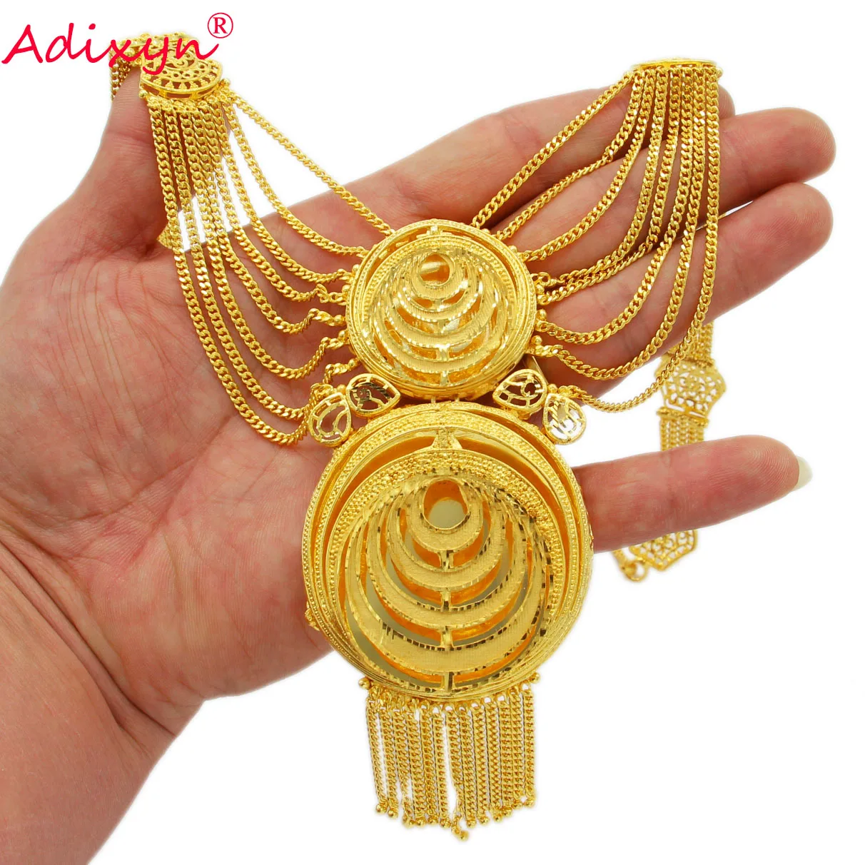 Adixyn Dubai 24K Gold Color Jewellry Set for Women India African Bridal Wedding Gifts Tassles Necklace/Earrings/Ring Set N122717