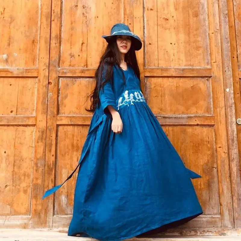 

New Women Luxury Handmade Plant Dyeing Maxi Long Loose Casual One Size Folk Printed Cotton Linen Ankle Length Dress