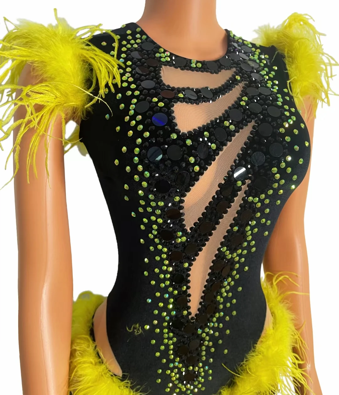Women Dancer Singer Stage Wear Birthday Prom Celebrate Outfit Black Sequin Fringe Yellow Rhinestone Feather Bodysuit