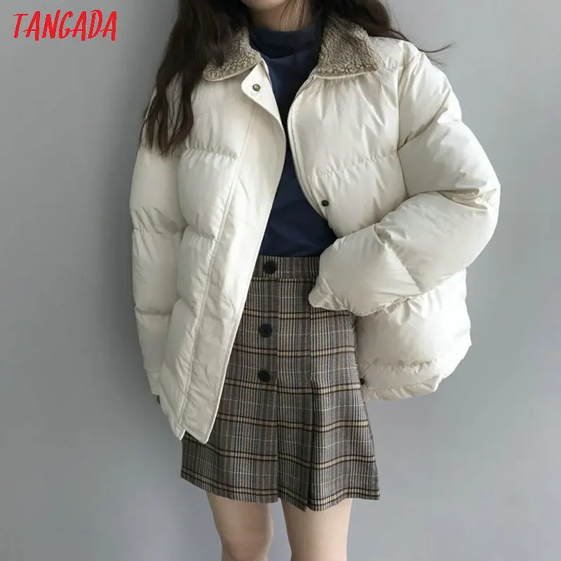 Tangada Women Solid Oversize Parkas Thick Feather turn down collar Zipper Pockets Female Warm Winter Coat ATC08