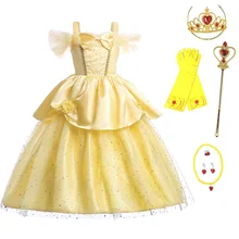 Платье принцессы Белль для девочек; детский летний костюм для красавицы и чудовища; Детские вечерние Карнавальные Платья для костюмированной вечеринки на Рождество