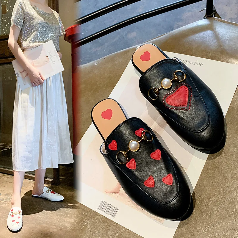 

2019 New Summer Muller Shoe Women ShoesHeart-Shaped Slipper Flat Bottom Sandals Pearl Decoration Square Ventilation Half Slipper
