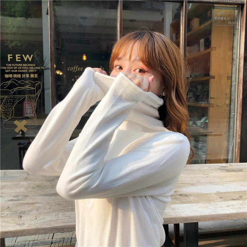 Korean Women Shirts Cotton Women Knit T-Shirts Autumn Woman Turtleneck Pullover Shirt Woman Long Sleeve Knitted T-Shirts Tops XL