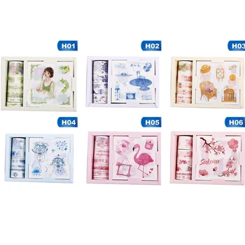 

Cartoon 6Rolls Washi Tape+20 Sheets Cute Stationery Square Sticker Set For DIY Journals Daily Planners Art Project Scrapbook