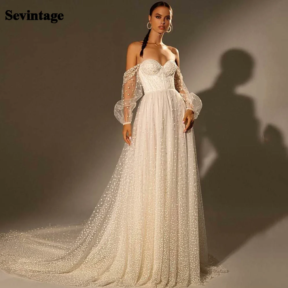 

Sevintage Shinny Dotted Tulle Wedding Dresses Long Sleeves Sweetheart Modern Bridal Gown Backless Bridal Dress Plus Size