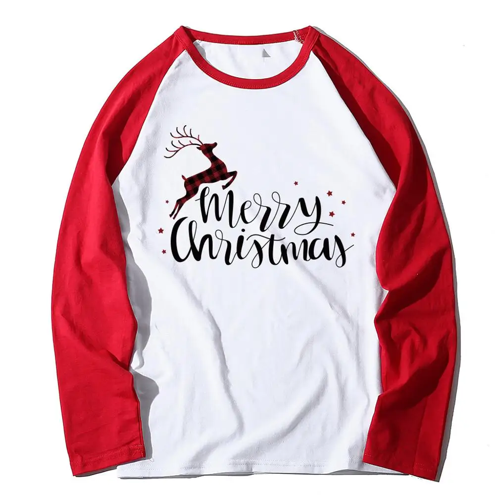 Футболка с рождественским принтом года, модная теплая футболка с длинными рукавами и принтом Санта Клауса, хлопок, футболки размера плюс - Цвет: CJCXred
