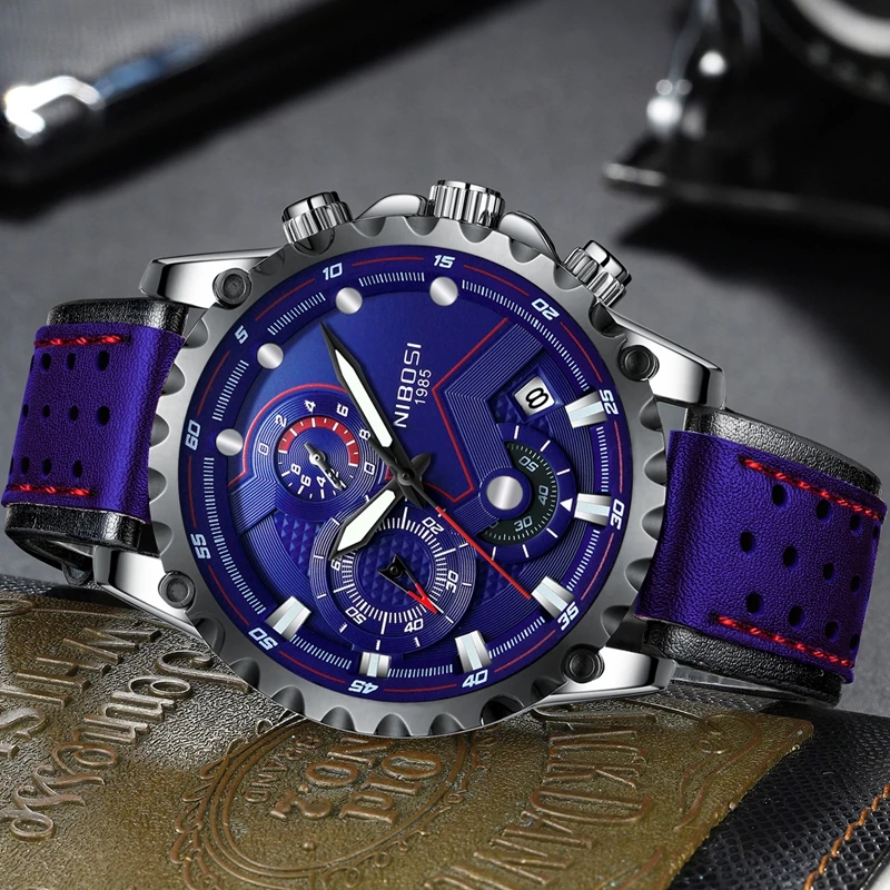 NIBOSI мужские часы лучший бренд класса люкс Большой циферблат военные кварцевые часы синие кожаные водонепроницаемые Хронограф Спортивные Relogio Masculino