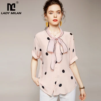

100% Pure Silk Women's Runway Shirt Bow Collar Short Sleeves Dots Printed Fashion Casual Shirt Blouse