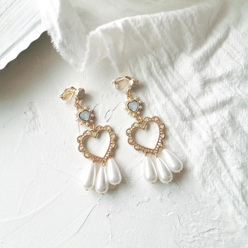 clip on earring Длинные Имитационные капли воды жемчуг массивные клипсы без пирсинга романтическое полое сердце кольцо с камнем на сережках не Piered - Окраска металла: clip on earring