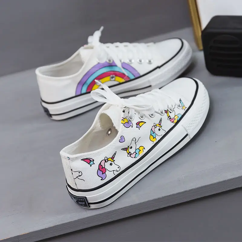 

Fashion Ladies Lace-up non-slip wear-resistant White Sneakers Unicorn Canvas Women Shoes Hand Rainbow Spring Vulcanized shoes