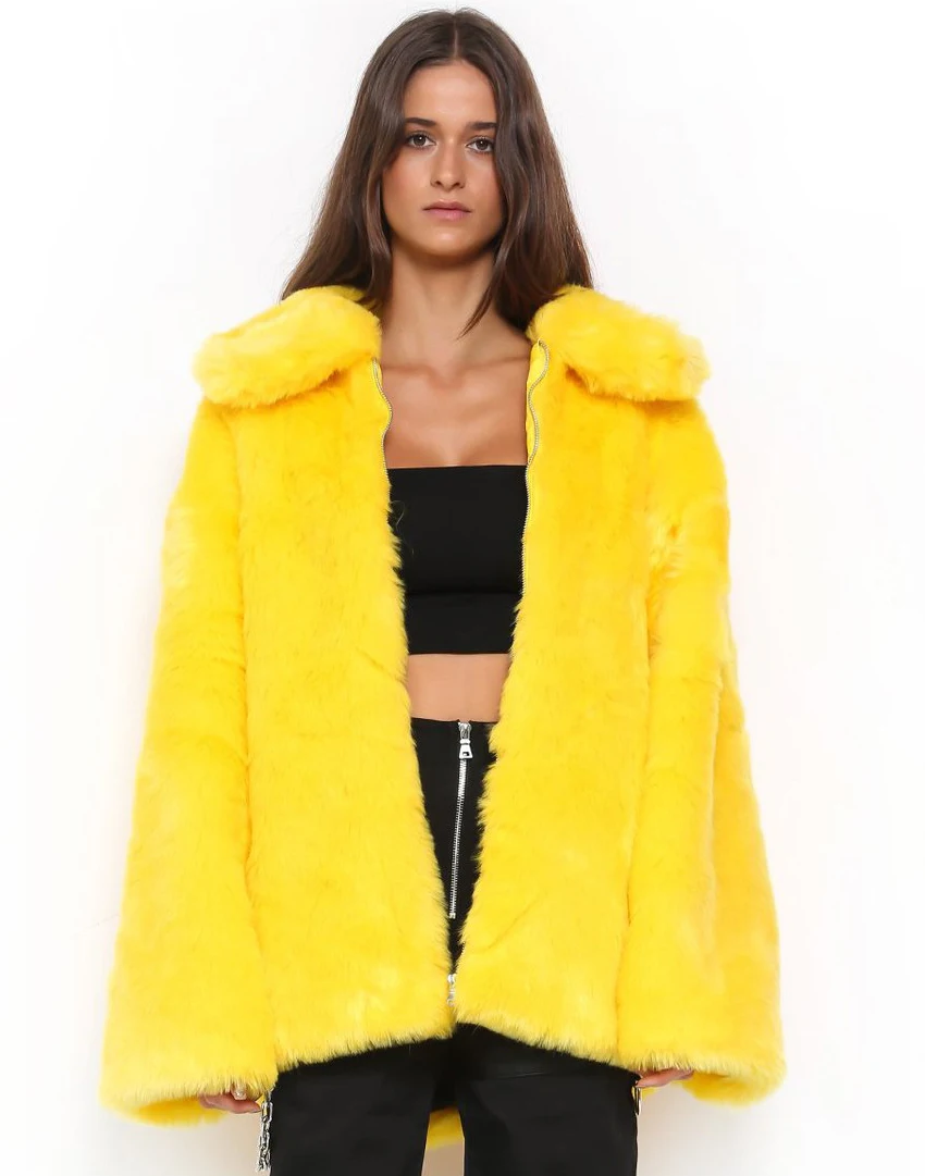 

Winter Autumn Womens Yellow Soft Faux Rabbit Fur Jackets Warm Turn Down Collar Furry Coats Large Size Fake Fur Outwears D502