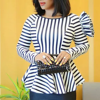 

Fall 2019 Slim Elegant Striped Blouse O-Neck Women Tops Tunic Long Sleeve Peplum Shirts Flower Rose Office Plus Size Tops