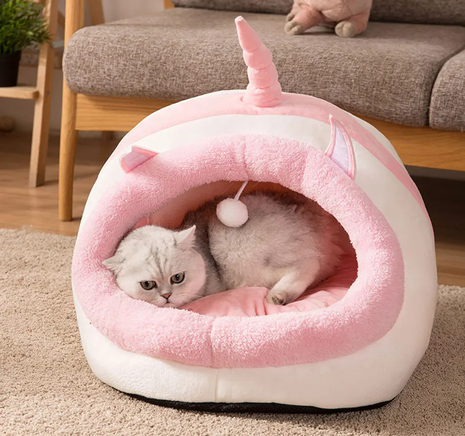 Cute Cat Bed Semi-closed Cats House Soft Warm Small Medium Dog Bed Pet House Built-in Fun Decoration for Cat Teddy Chihuahua Mat-112