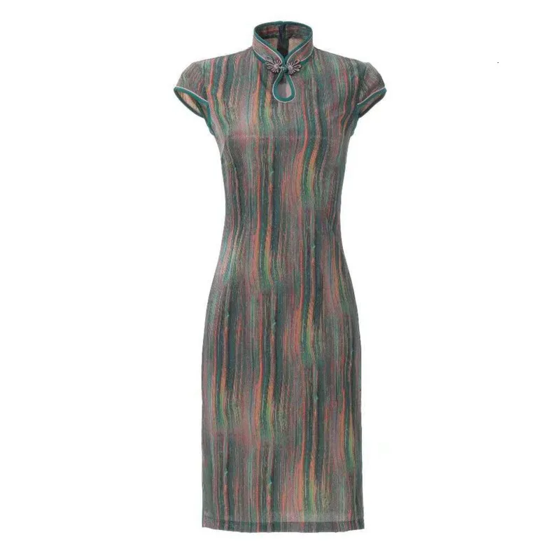 4XL размера плюс шелковое платье современное Улучшение Cheongsam Китайский ветер полоса Cheongsam радужные полосы Печати Восточный Qipao