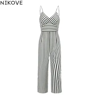 

NIKOVE 2019 Fashion Black and White Striped Design Sling Jumpsuit Casual Wide Leg Pants Size S-XL