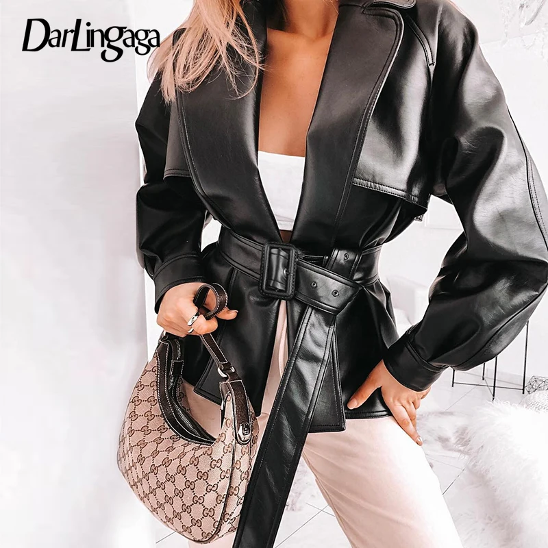 Darlingaga Fashion Motorcycle Black Leather Jacket Women Autumn Winter Streetwear Jackets Coats Belt Women's Windbreaker Outwear