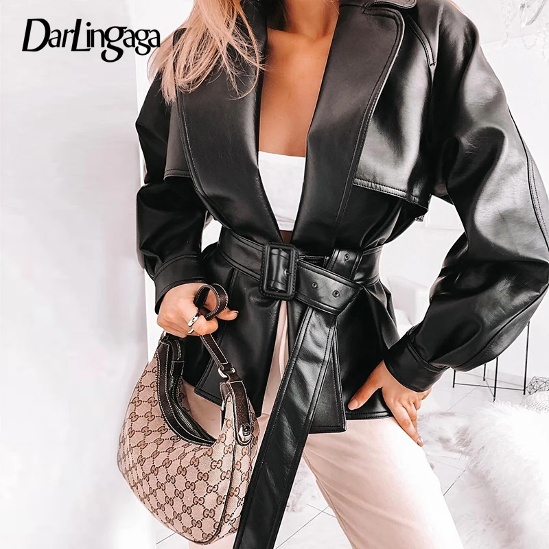 astounding  Darlingaga Fashion Motorcycle Black Leather Jacket Women Autumn Winter Streetwear Jackets Coats Bel