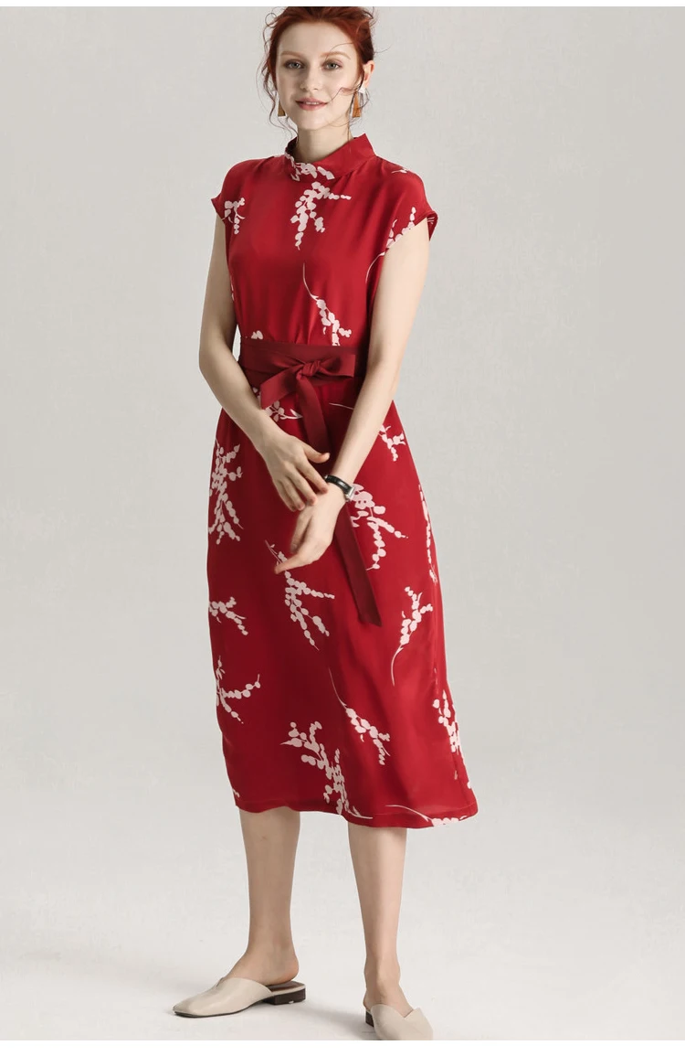 Women Belted Dress 100%Real Silk Crepe Red Printed Dresses Stand Collar New Dresses for Women