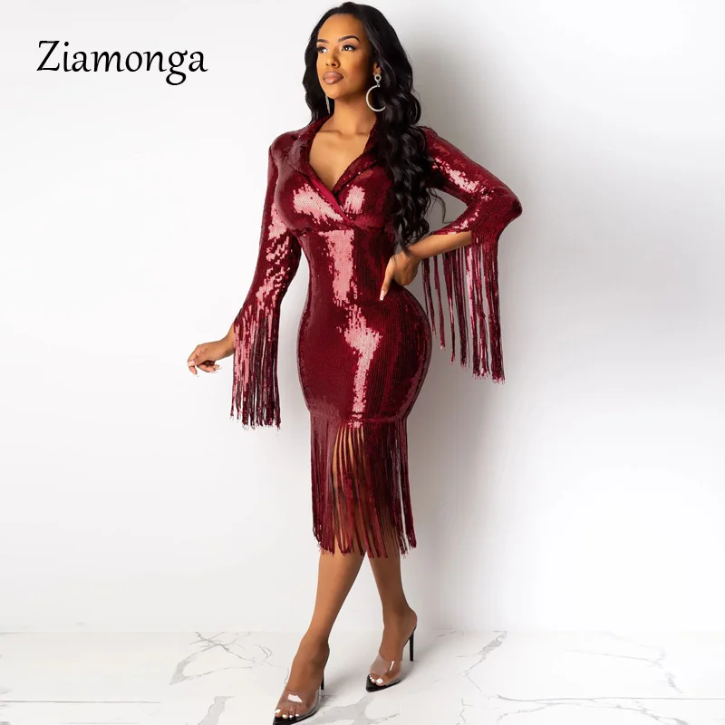 Ziamonga, золотые Блестящие Блестки, кисточки, сексуальные платья для вечеринок, женское Бандажное платье с длинным рукавом, элегантное Клубное платье, Прямая поставка